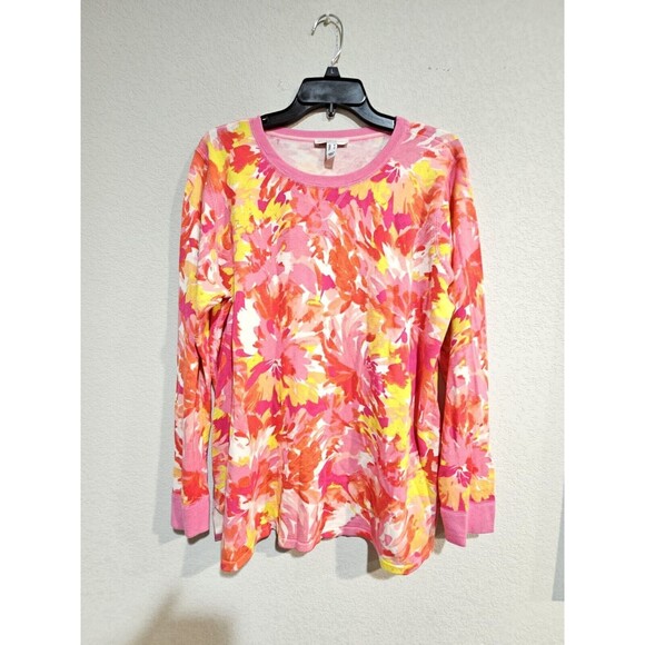 Isaac Mizrahi Live! Floral Printed Sweater w/ Cover Stitch PINK M A393580 - Picture 3 of 7